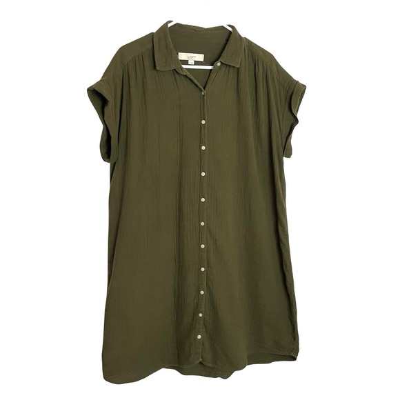 LOFT Tops - Loft Ann Taylor Womens 100% Cotton Gauze Shirt Dress Sz L Army Green Minimalist